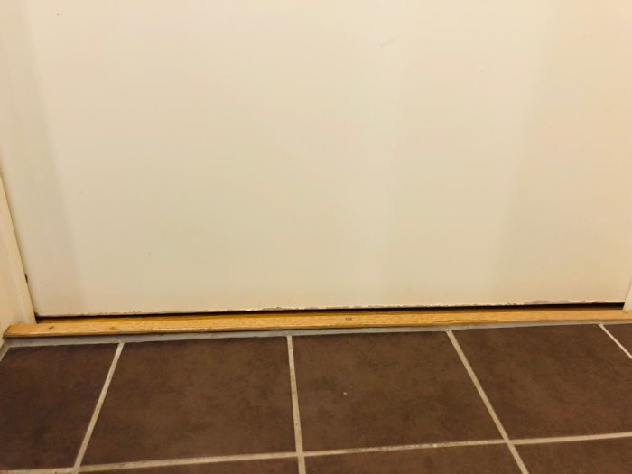 Stor springa mellan golv och stängd badrumsdörr som visar tröskeln.