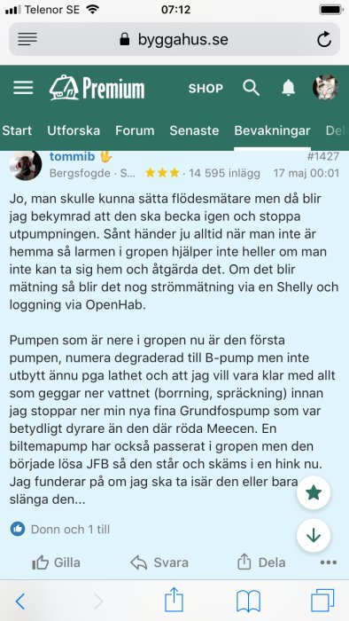 Skärmdump av ett inlägg på diskussionsforumet bygghus.se som visar användargränssnittet och en diskussionstråd.