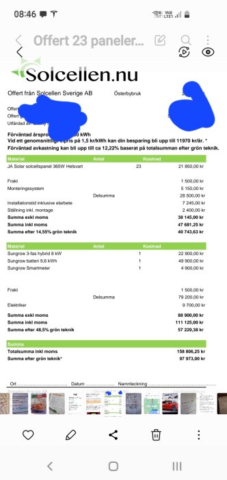 Skärmdump av en offert för solcellspaneler med specifikationer och priser, personlig information överklottrad.