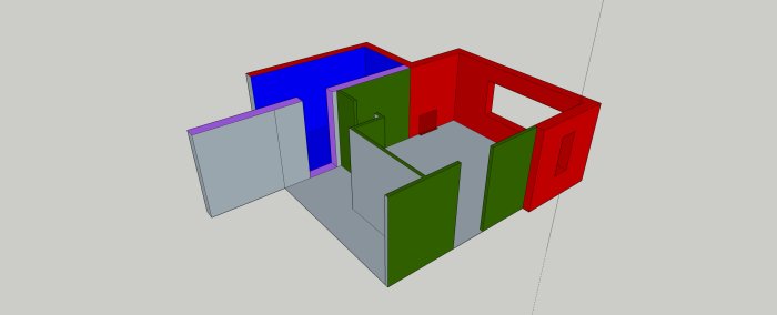 3D-skiss av husplan som visar ytterväggar i rött, innerväggar i grönt, tidigare yttervägg i lila och utbyggnad i blått.