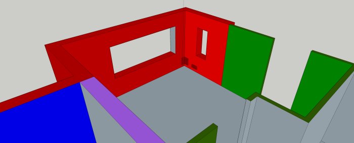 3D-skiss av hus med markerade ytterväggar i rött, innerväggar i grönt, och utbyggnad i blått.