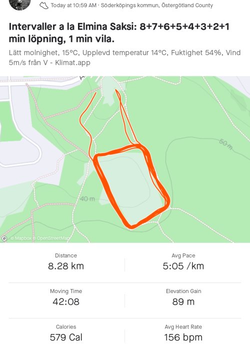 Skärmbild av löpningsapp med karta, löprutt markerad, distans 8.28 km, tid 42:08, och träningsdata.