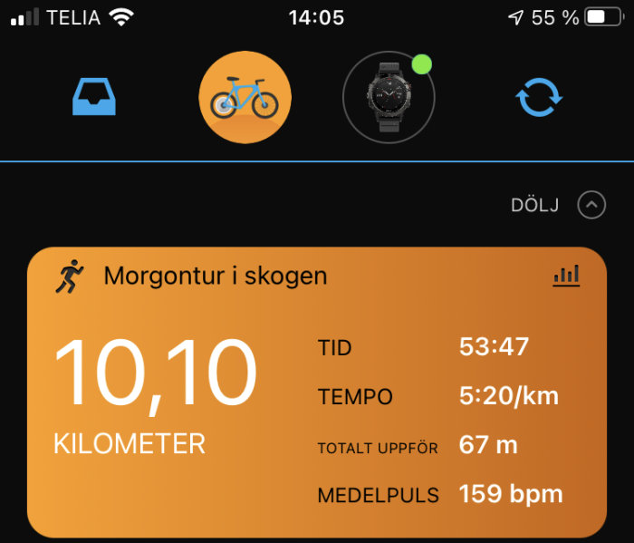 Skärmavbild av aktivitetsapp som visar löpresultat: 10,10 kilometer, 53:47 min, 5:20 min/km tempo, 67 m höjning, 159 bpm puls.