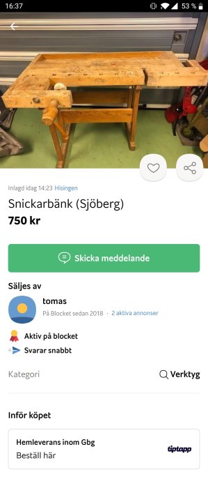 Använd snickarbänk från Sjöberg med synliga användarspår och en vridbar träskruvstäd till salu.