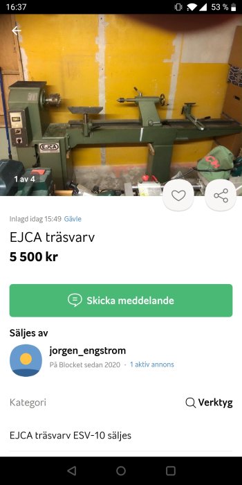 En EJCA trävarv ESV-10 till salu framför en gummigul vägg med vita fläckar, placerad i en verkstadsmiljö.