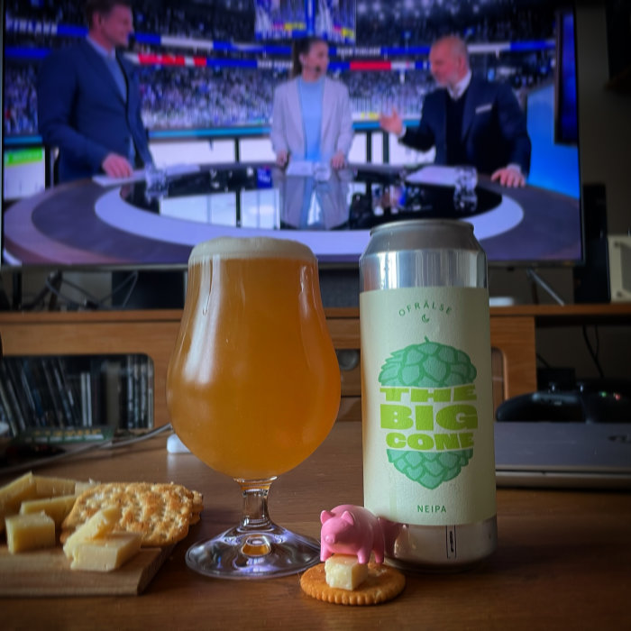 Ölglas med öl bredvid en burk, ostar på bricka och en TV i bakgrunden som visar ett idrottsevenemang.