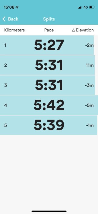 Skärmavbild av löparapp som visar split-tider och höjdändringar för fem kilometer.