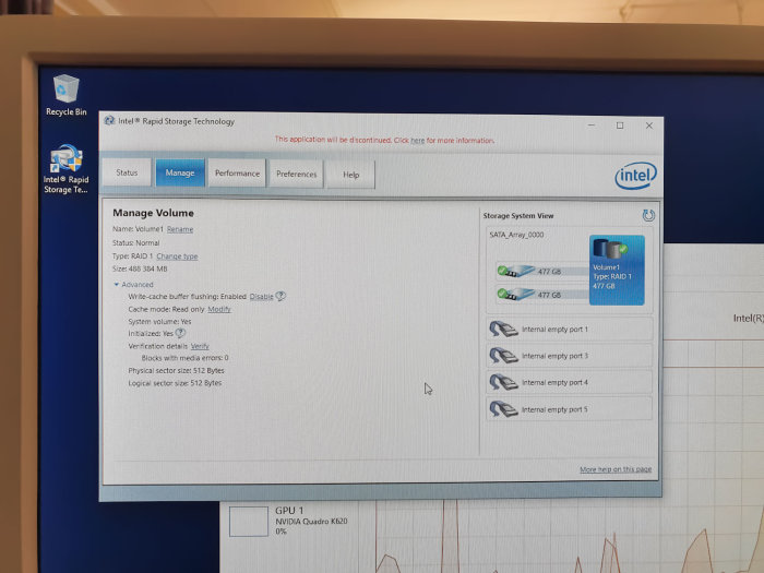 Skärmdump visar Intel Rapid Storage Technology program med RAID 1 konfiguration och lagringsinformation.