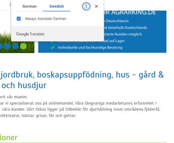 Skärmdump av Google Chrome som visar en översättningsfunktion från tyska till svenska på en jordbruksrelaterad webbplats.