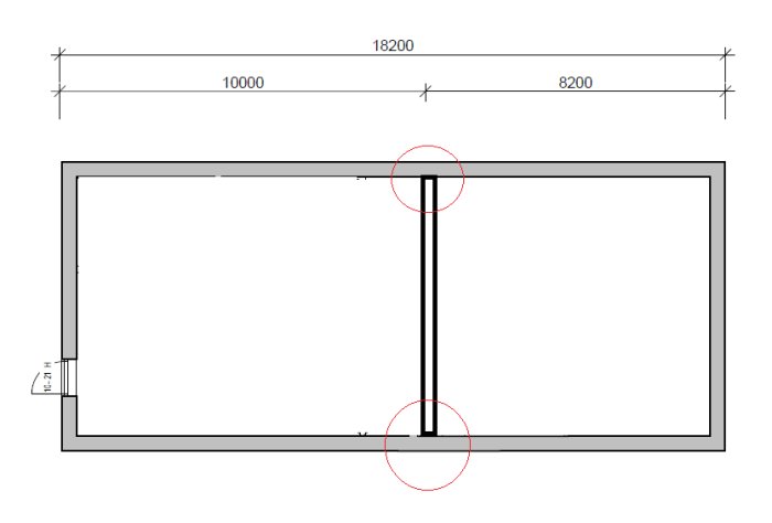 Konstruktionsritning av grundplan för 1-plans hus med dimensioner och markerade bärande delar.