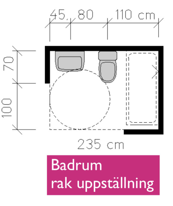 Ritning av badrum med rak uppsättning av wc-stol och handfat med måttangivelser.