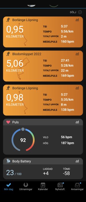 Skärmbild av aktivitetsspårningsapp med data för löpning, puls och body battery värden.