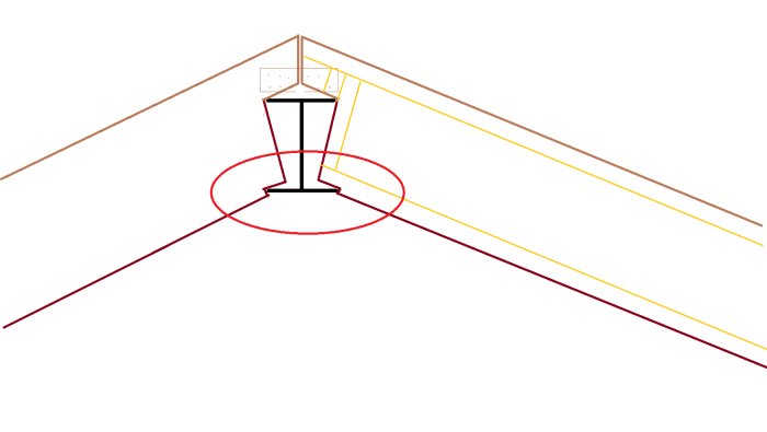 Illustration av takstol med markerad urjackning för inbyggd balk som skulle hantera snötyngd.