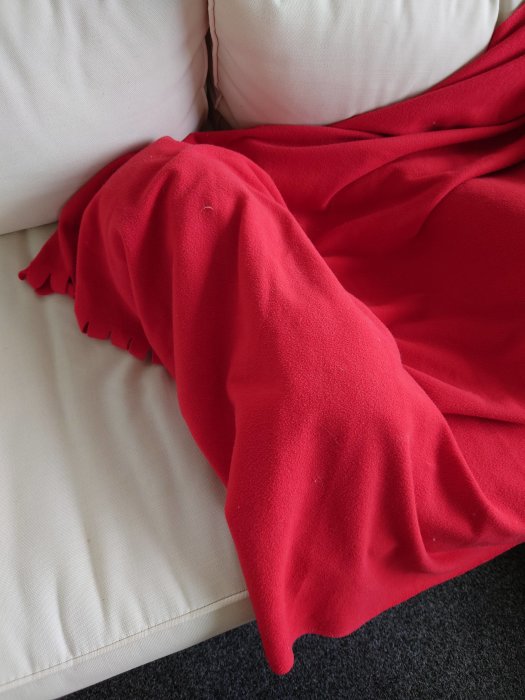En röd filt ligger hopvikt vid en soffas hörn på ett ljusgrått golv.