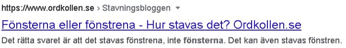 Skärmdump från en webbsida som diskuterar rätt stavning av 'fönsterna' eller 'fönstrena'.