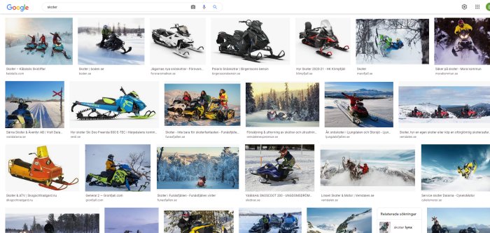 Skärmklipp av Google-sökresultat på "skoter" med bilder på olika snöskotrar i snöiga landskap.