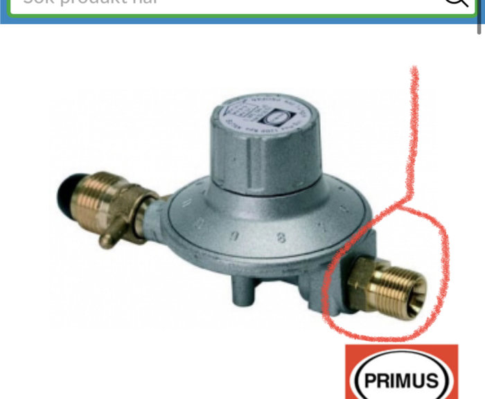 Gasregulator från Primus med markerad slanganslutning som visar var sockel kan behövas.