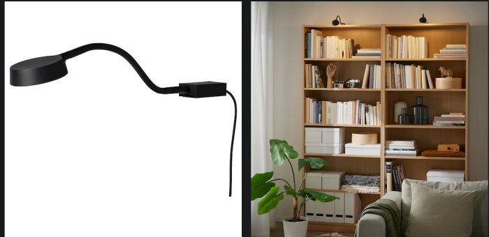 Ytberg LED-lampa monterad på bokhylla och produktbild på den svarta Ytberg skåpbelysningen.