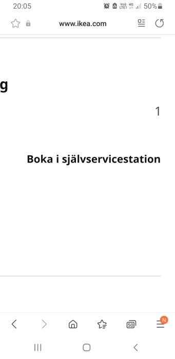 Skärmdump från en mobil visar webbsidan ikea.com med texten "Boka i självservice-station".