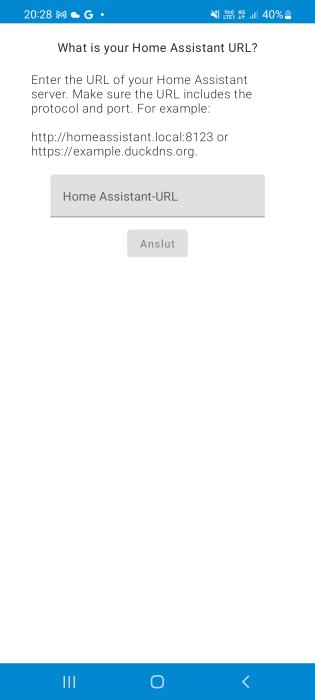 Skärmbild som visar inmatning av URL för Home Assistant med exempel och "Anslut"-knapp.