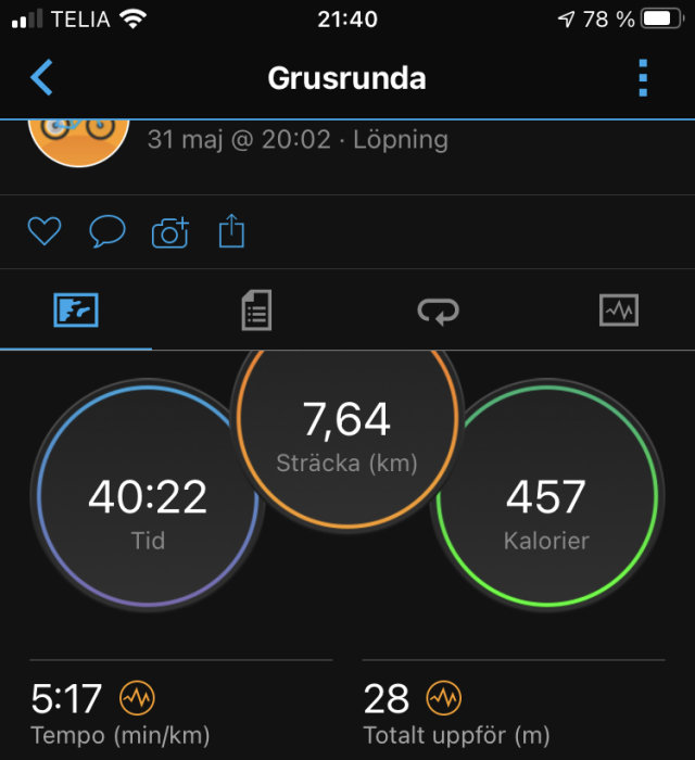 Skärmdump av träningsapp som visar löpstatistik med sträcka 7,64 km, tid 40:22 och 457 förbrända kalorier.