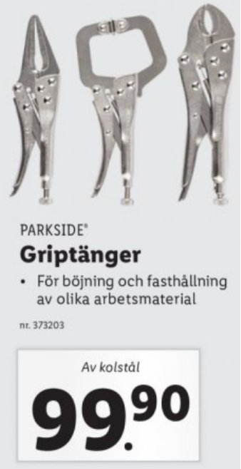 Tre olika Parkside griptänger för bockning och fasthållning, prissatt till 99.90 kr.