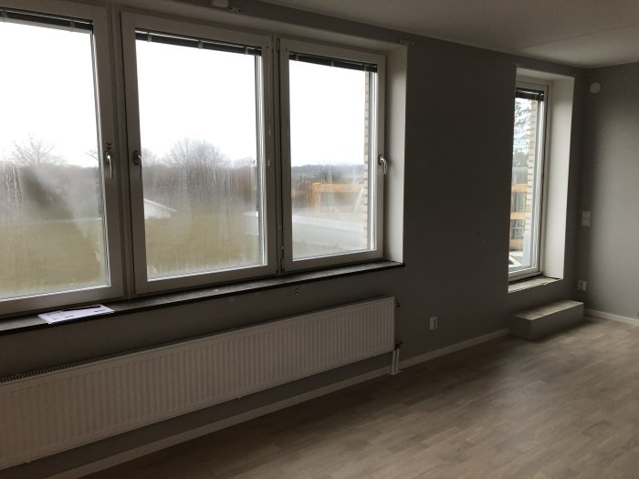 Fönster med kondens i en nyproducerad lägenhet med utsikt över sedumtak.