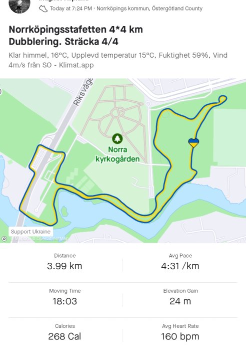 Skärmdump av löprunda-app som visar en rutt på 3.99 km med statistik såsom tid, tempo, kaloriförbränning och puls.