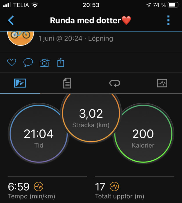 Skärmavbild av träningsapp efter löpning som visar distans 3,02 km, tid 21:04, förbrända kalorier 200, tempo 6:59 min/km.