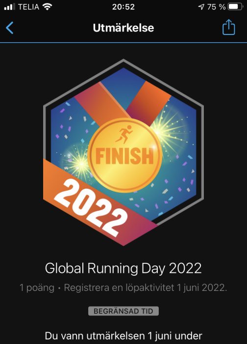 Digital utmärkelse för Global Running Day 2022 med en löpare på gul medalj och färgglada festliga strålar.