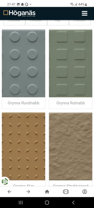 Fyra kakelplattor med olika texturer: rundknopp, rutknopp, stjärnmönster och strukturerad yta.