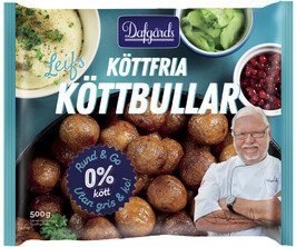 Förpackning för Dafgårds köttfria köttbullar med bild på köttbullar och en kockfigur.