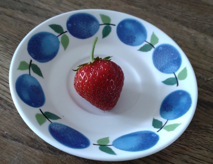 En mogen jordgubbe i mitten av en vit tallrik med plommonmönster.