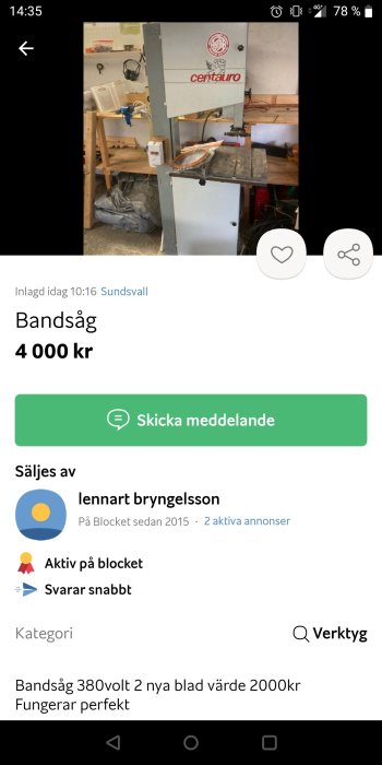 Begagnad Centauro bandsåg i verkstadsomgivning med tillbehör och sladdar