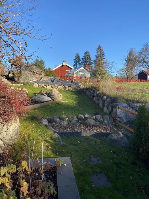 Trädgård efter 18 månaders underhåll med grön gräsmatta och stenstigar, omgivet av stenmur och vegetation.