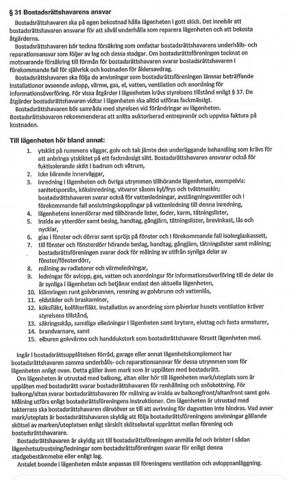 Skärmbild av paragraf 31 från en stadga som beskriver bostadsrättshavarens ansvar och underhållsrekommendationer.