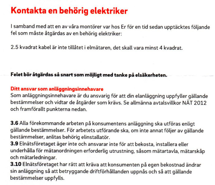 Bild av ett brev som ger information om elinstallation och ansvarsområden, med betoning på kabelns tvärsnittsarea och elsäkerhet.