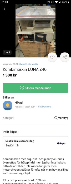 Kombimaskin LUNA Z40 för sågning och hyvling med uttag för frässpindel, använd skick.