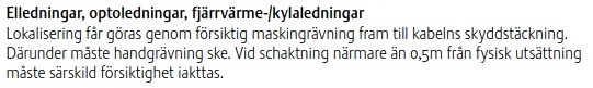 Textdokument med instruktioner för lokalisering av ledningar med varning om nödvändig försiktighet.