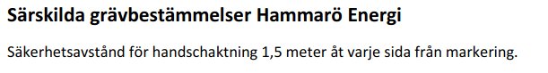 Textdokument med titeln "Särskilda grävbestämmelser Hammarö Energi" och säkerhetsavståndsinformation.