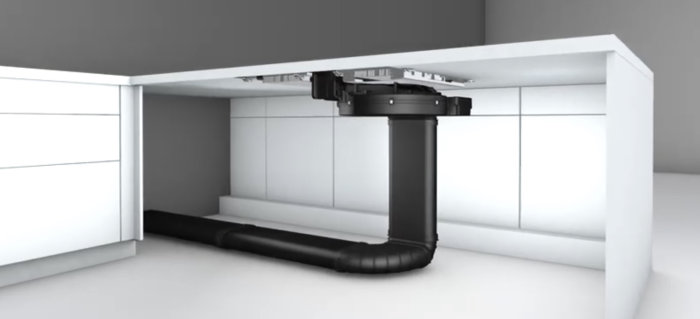 3D-rendering av ett kök som visar installation av platt imkanal under bänkskåp.