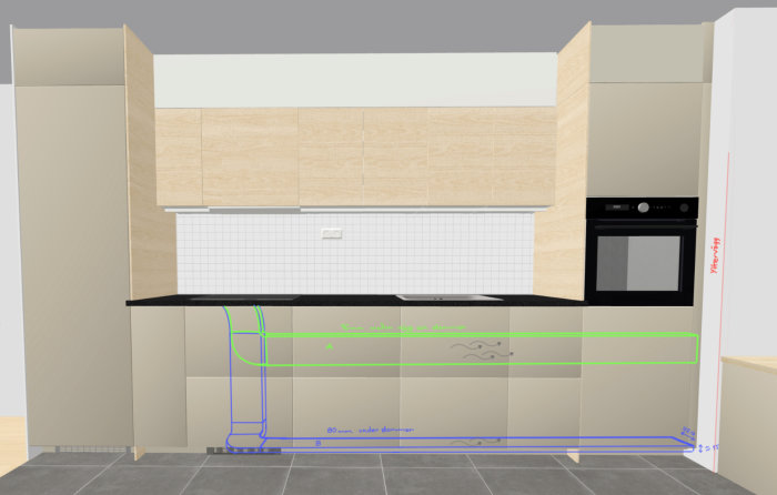 3D-modell av ett kök med markerade alternativa imkanalers placeringar bakom och under skåp.