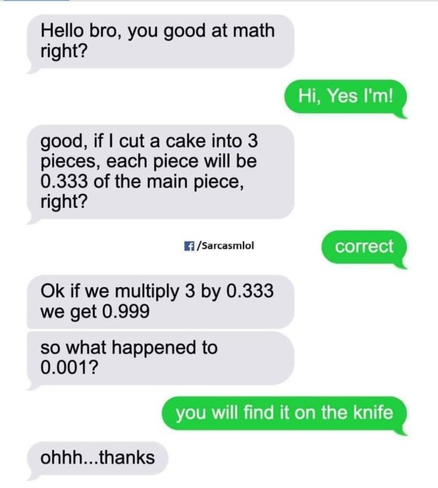 Skärmdump av en humoristisk SMS-konversation om matematik och tårtdelning.