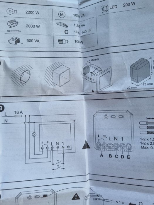 Instruktionsblad med elektriska kopplingsscheman och ikoner för olika belastningar såsom LED och motorer.