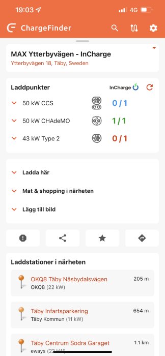 Skärmbild av ChargeFinder-appen som visar information om elbilsladdstationer vid MAX Ytterbyvägen i Täby, Sverige.