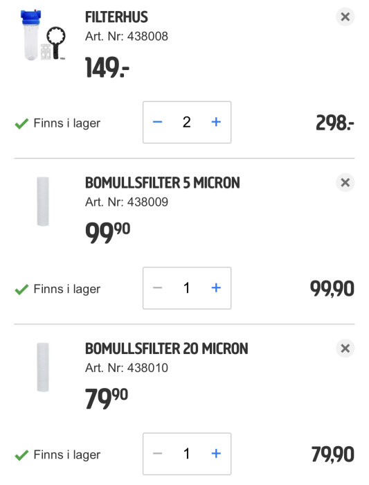 Filtreringspaket för vattenrenare inkluderar ett filterhus och bomullsfiltren på 5 och 20 mikron.