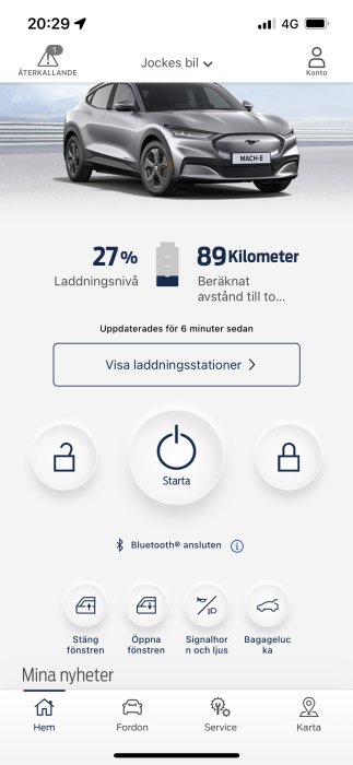 Elbil Ford Mustang Mach-E med 27% batterinivå och 89 km kvarstående räckvidd visas på mobilapp.