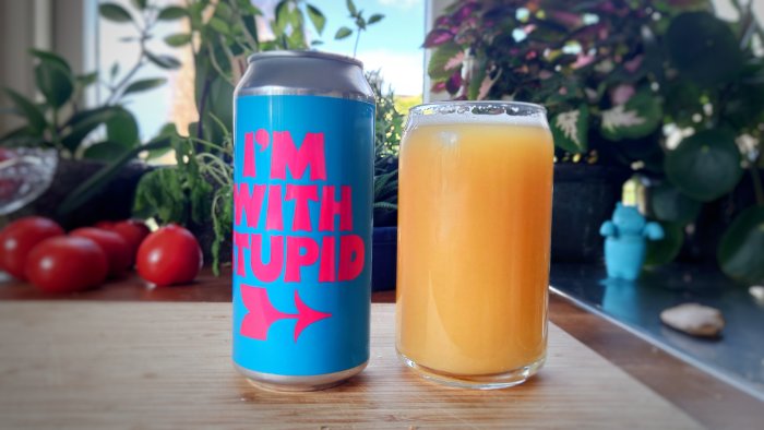 En ölburk med texten "I'M WITH STUPID" bredvid ett glas med gulaktig dryck på ett köksbord.