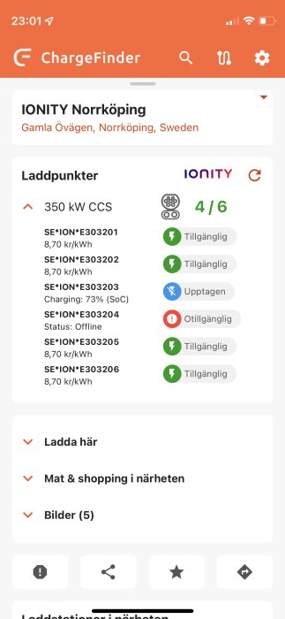 Skärmdump av ChargeFinder-appen som visar tillgängligheten av laddstationer på IONITY Norrköping med realtidsstatus.