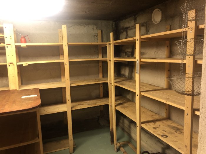Matkällare med trähyllor och synliga mögelpåväxter på väggar och i takhörn.